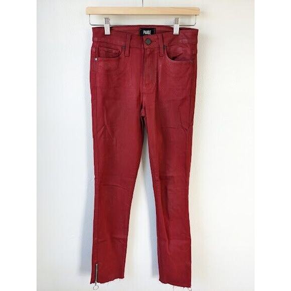 Paige Womens Sz 25 Hoxton Ankle Peg Jeans Red Ankle Zip Raw Hem Pockets Stretch - Picture 2 of 9